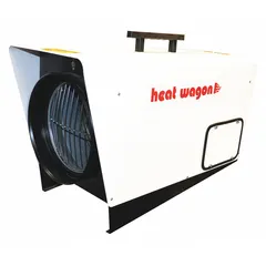 Hardwired portable electric heater with selectable 12kW or 18kW output at 208/240V AC, three-phase. Ductable design for directed airflow. Includes automatic-reset thermal overheat protection. Dimensions: 20 in x 14 in x 30 in. Suitable for temporary or supplemental heating in construction sites, warehouses, and tents.