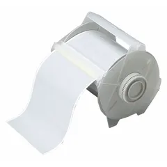 Continuous label roll, 4 in x 50 ft, plastic with silver gloss finish, rated for outdoor use. Compatible with GlobalMark 2 printer series. Used for industrial labeling such as asset identification, pipe marking, and safety signage.