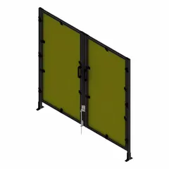 This FAZTEK standalone door kit is a double-swing, fully assembled unit measuring 72 inches high by 75 inches wide by 5 1/2 inches deep. It features a black anodized finish with yellow square wire mesh panels. Designed for use as an access point in industrial enclosures, work cell partitions, and safety barrier systems, it provides visibility and ventilation while restricting entry.