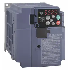 The FUJI ELECTRIC FRENIC Mini C2 (FRN0033C2S-2U) is a 10 hp variable frequency drive with three-phase output and a heat sink for thermal management. It operates at 200-240V AC and is used for controlling motor speed in applications such as conveyors, pumps, and fans.