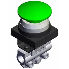 Manual air control valve with mushroom button actuator and side-ported body. Features 3 ports with 1/8 in BSPT connections. Green actuator. Used for selecting or isolating pneumatic signals in control panels and machine circuits.