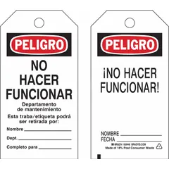 This polyester danger tag features a write-on surface for custom warnings. Printed in English with the word 'Danger', it is used in lockout/tagout procedures to communicate hazardous conditions on equipment under repair or with high-energy sources.