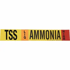 Ammonia adhesive pipe marker for liquid (LIQ) phase, high pressure level, fitting pipe outer diameter 8 inches and larger. IIAR system abbreviation TSS. Supplied without arrows. One marker per unit.