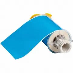 Polyester continuous label roll, 6 inches wide by 50 feet long, in light blue gloss finish. Rated for outdoor use. Compatible with PowerMark printer series. Used for pipe marking, equipment labeling, and safety signage in industrial environments.