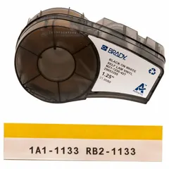 Continuous wraparound label cartridge for M210 printer series. White matte vinyl roll, 1 1/4 in x 14 ft, designed for wire gauges 12 AWG to 6 AWG. Requires R4300 ribbon for printing. Used for wire and cable identification in electrical and industrial applications.
