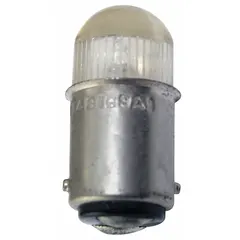 BA9s single-contact miniature bayonet base lamp with T3-1/4 tubular bulb shape. Operates at 120V AC and produces white light. Trade number NE48. Suitable for use as an indicator lamp in control panels, switchgear, and machinery.