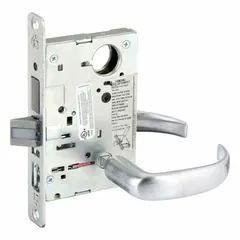 Privacy lever lockset for interior doors such as bathrooms or bedrooms. ANSI F19 function allows locking from inside with push-button or turn piece; outside remains unlocked for emergency access. Satin chromium-plated finish, Pacific Beach style. Not ADA compliant or ligature-resistant, no visual indicator.