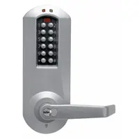 This electronic keyless lock provides keypad-based access control for commercial or institutional doors. It is ADA compliant with a chrome finish. Key override is supported via Large Format Removable Cores