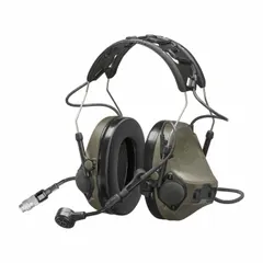 Wired, helmet-mounted earmuff with 23 dB NRR for two-way radio communication (listen/talk). Green cup color, non-foldable, includes (2) AAA alkaline batteries. Not intrinsically safe. Suitable for noisy environments requiring hearing protection and clear communication.