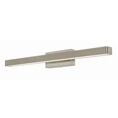 Wall-mounted integrated LED vanity fixture in satin nickel finish. Delivers 1200 lumens at 25 watts with selectable color temperatures of 2700K, 3000K, 3500K, 4000K, or 5000K. Operates on 120 to 277V AC. Suitable for bathroom or dressing area lighting.