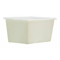 This 30-gallon plastic tote features a white body with rounded edges and a snap-on lid. It is nesting capable for space-efficient storage. Typical applications include bulk storage, transport, and organization of parts, materials, or supplies in industrial facilities, warehouses, and workshops