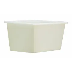 This 30-gallon plastic tote features a white body with rounded edges and a snap-on lid. It is nesting capable for space-efficient storage. Typical applications include bulk storage, transport, and organization of parts, materials, or supplies in industrial facilities, warehouses, and workshops.