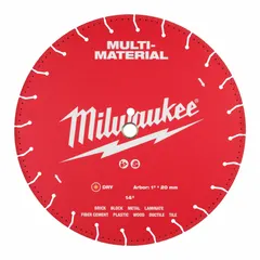 This 14-inch dry diamond saw blade is designed for cutting masonry, metal, plastic, and tile. It features a 1-inch arbor size and is suitable for use in construction, demolition, and fabrication applications where a versatile blade for multiple materials is required.