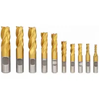 DAYTON End Mill Set: Square, 10 Pc, High Speed Steel, TiN Coated, 4 Flute, 3/16" to 3/4" Mill Dia