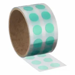 Polyester film tape discs with silicone adhesive, 5/8 in diameter, 3.2 mil thickness, green color. Supplied in a 250-count pack. Used for masking in powder coating, wave soldering, and high-temperature finishing processes where clean removal and heat resistance are required.