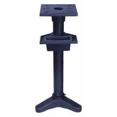 This stand provides a stable platform for bench and pedestal grinders in industrial workshops. The base measures 14 1/2 inches wide by 11 3/8 inches long, supporting safe operation by reducing vibration and positioning the grinder at a comfortable working height.
