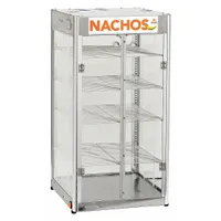 This heated display case is designed for warming and presenting nacho chips in concession and foodservice settings. It features 6 shelves, a silver finish, and lift-off Vyvak doors for easy access and visibility. The unit operates on 120V AC, draws 4.6 A, and uses 550 W, holding up to 10 lb of product