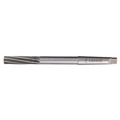 This 3/8 inch diameter chucking reamer is made from high-speed steel with a spiral flute design for efficient chip evacuation. It features a Morse Taper MT1 shank for secure mounting in drill presses, lathes, and milling machines. Used to precisely enlarge and finish drilled holes to tight tolerances in metalworking applications.