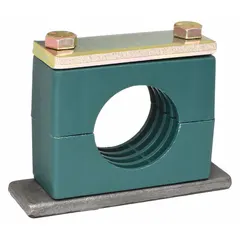 Steel clamp with polypropylene cushion for securing a single line. Ribbed bore provides enhanced grip and vibration dampening. Used in industrial systems to reduce vibration, noise, and wear on tubing or piping.