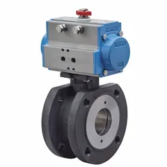This BONOMI pneumatically-actuated two-way ball valve features a carbon steel body with flange x flange connections. It is designed for on/off flow control of liquids and gases in industrial piping systems, with a 110V AC pilot solenoid for automated operation.