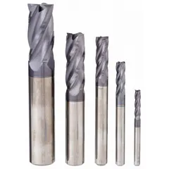 This 5-piece set of solid carbide square end mills features 4 flutes and an AlTiN coating for heat resistance and wear protection. Mill diameters range from 1/8" to 1/2". Suitable for general-purpose milling of steel, stainless steel, and cast iron in industrial maintenance, tooling, and production environments.