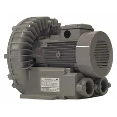 1-stage regenerative blower with 5 hp motor, 230/460V AC, 3-phase, 13.2/6.1 A. Delivers 133.5 in wc maximum operating pressure and 95 in wc maximum vacuum. Female NPT connections. Suitable for pneumatic conveying, wastewater aeration, and vacuum hold-down.
