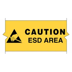 This polyester floor marking tape is 3 inches wide by 100 feet long with an 8 mil thickness. It features a black/yellow hazard warning design and a black 'CAUTION ESD AREA' legend. Suitable for marking electrostatic discharge sensitive areas in industrial environments.