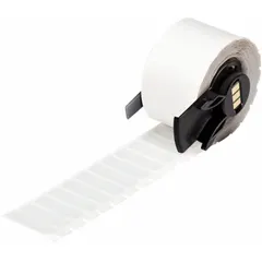 Polyester precut label roll measuring 1 in by 9/32 in. Material is halogen-free and metal-detectable, suitable for environments where contamination control is required. Compatible with M710 printer series using a media adapter. Used for industrial identification and asset tracking.