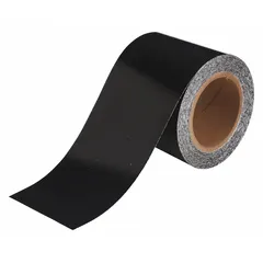 Solid color banding tape for pipe identification in industrial facilities. Made of vinyl, black, 4 inches wide, 90 feet long (1,080 inches), non-reflective. Used to mark pipes carrying water, steam, or chemicals for maintenance and safety.