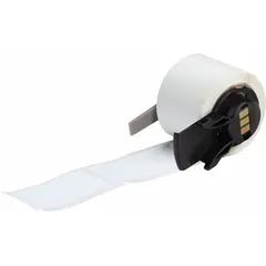 Acrylic permanent adhesive labels supplied in rolls of 100. Each label measures 2 in x 1 in. Compatible with the BMP71 printer series when used with a Media Adapter. Used for permanent identification in industrial settings such as asset tagging, cable marking, and equipment labeling.