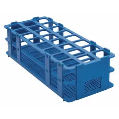 This blue polypropylene test tube rack provides 24 positions for benchtop use. It measures 4 1/8 in wide, 2 1/2 in high, and 9 3/4 in long. Suitable for holding standard test tubes during sample storage, processing, or experimental procedures.