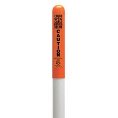 Thermoplastic polymer dome marker imprinted with 'Fiber Optic Cable Buried Below Caution Before Digging Call 811'. Used to mark the location of buried fiber optic cables, warning excavators and maintenance crews to call before digging to prevent accidental strikes.