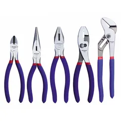 This 5-piece plier set includes manual pliers with standard cushion grips, covering a pliers range of 2 to 5. The set contains a 10-inch flat jaw tongue and groove plier and a diagonal plier, all stored in a pouch for portability. Suitable for general gripping, turning, and cutting tasks in maintenance and repair work.