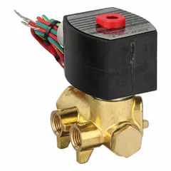 This 4-way/2-position configurable solenoid valve from REDHAT features a 1/4 in pipe size and operates at 120V AC (also rated 110V AC). It has a watertight coil enclosure and is explosion proof/watertight, suitable for controlling flow direction in pneumatic or hydraulic systems in industrial environments.