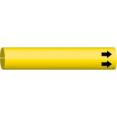 Blank snap-on pipe marker for pipes with outer diameter 4 to 6 inches. Yellow background with black legend text and arrows for flow direction. Single marker included.
