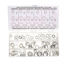 This 330-piece metric assortment of round lengthening shims is made from 18-8 stainless steel, full hard, plain finish. Thickness tolerance is ±0.025 mm; inside diameter tolerance is +0.254/-0.000 mm; outside diameter tolerance is +0.000/-0.254 mm. Used for precision alignment and spacing adjustments in industrial machinery such as pumps and motors.