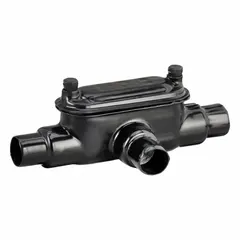 T style conduit outlet body with 3 hubs and 8 cu in capacity. Constructed of aluminum with a PVC coated black finish. Trade size 3/4 in. Used as a junction point in electrical conduit runs for wire pulling and direction changes.
