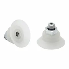 This flat vacuum pad assembly is designed for fast-handling applications in food processing and packaging. It features a G1/8 in vacuum port, 39.2 mm pad diameter, and is made of food-grade silicone rubber with a Shore hardness of 55 A.