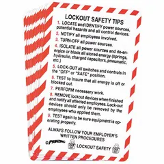 English-language lockout/tagout safety training reference cards for 10 users. Covers regulations 60106108. Portable wallet-sized cards provide on-the-job guidance for energy isolation procedures.