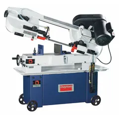 This mitering manual horizontal band saw is designed for cutting metal stock up to 7 in x 12 in. It features a blade speed range of 86 to 260 SFPM and 45° mitering capability for angled cuts. The saw operates on 1 Phase, 120/240V AC power with a 9/4.5 amp rating. Typical applications include fabrication and maintenance tasks requiring precise miter cuts in metal.