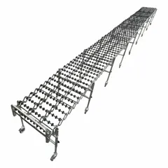 Plastic flex-type skate wheel conveyor with 30 in between-frame width, 30 in overall width, and 300 lb/ft maximum load capacity at 5 ft centers. Features 5.2 in axle spacing, adjustable height, and overall length of 34-1/8 in. Suitable for material handling in warehouses, distribution centers, and manufacturing lines where curved or straight layouts are needed.