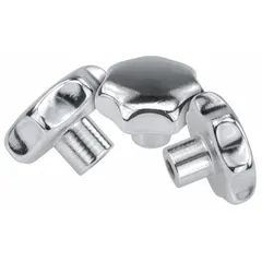 This 7-arm knob is made of polished stainless steel for corrosion resistance. It has an unthreaded hole with 8 mm diameter and 15 mm depth, and a 40 mm outer diameter. Commonly used as a manual adjustment or clamping component on industrial machinery, jigs, and fixtures.