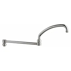 This double-jointed/swivel spout is constructed of brass with a polished chrome finish. It includes mounting hardware for installation. The flexible positioning allows directed water flow over sinks or work surfaces in commercial settings.
