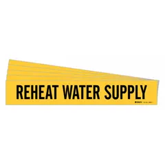 Yellow adhesive pipe marker with black legend reading 'Reheat Water Supply'. Fits pipe outer diameters from 2-1/2 to 7-7/8 inches. Sold in packs of 5. No directional arrows. Used to identify reheat water supply lines in HVAC and industrial piping systems.
