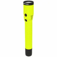 Handheld rechargeable flashlight delivering 400 lumens with a 215-meter beam distance. Includes AC/DC charger cords and rechargeable battery. Suitable for inspection and maintenance tasks in hazardous locations.