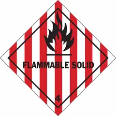 BRADY DOT container label for Class 4 flammable solids. Measures 4 in x 4 in, printed on vinyl with the message 'Flammable Solid'. Supplied in a 500-pack for industrial container identification during shipping and storage.