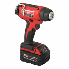 This cordless heat gun operates on 18V DC and delivers a temperature range of 0°F to 875°F with a maximum air flow of 6 cfm. It features a fixed stage without variable speed or temperature control. Suitable for shrink tubing, paint removal, thawing pipes, and bending plastics in field maintenance and construction tasks.