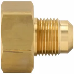 This brass flared/threaded adapter connects 1/2 in OD tubing to 1/2 in pipe threads using a 45-degree flare seal. Suitable for hydraulic and pneumatic systems, it meets SAE J513 standards for leak-free performance in industrial fluid power applications.