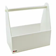 This bottle carrier is made of high-density polypropylene (HDPP) in white. It measures 15 3/8 inches in overall height and 7 7/8 inches in overall width. Designed for carrying bottles in laboratory or industrial settings.