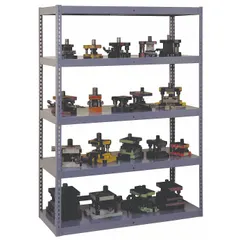 Extra-heavy-duty boltless shelving unit with solid steel decking and powder-coated medium gray finish. Features open side panel, channel beam profile, and five shelves. Maximum post load capacity of 13,000 lb with beams evenly spaced at 24 in. Suitable for industrial storage of palletized or bulk loads in warehouses and distribution centers.